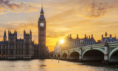 Big Ben and Westminster Bridge at sunset, London, UK